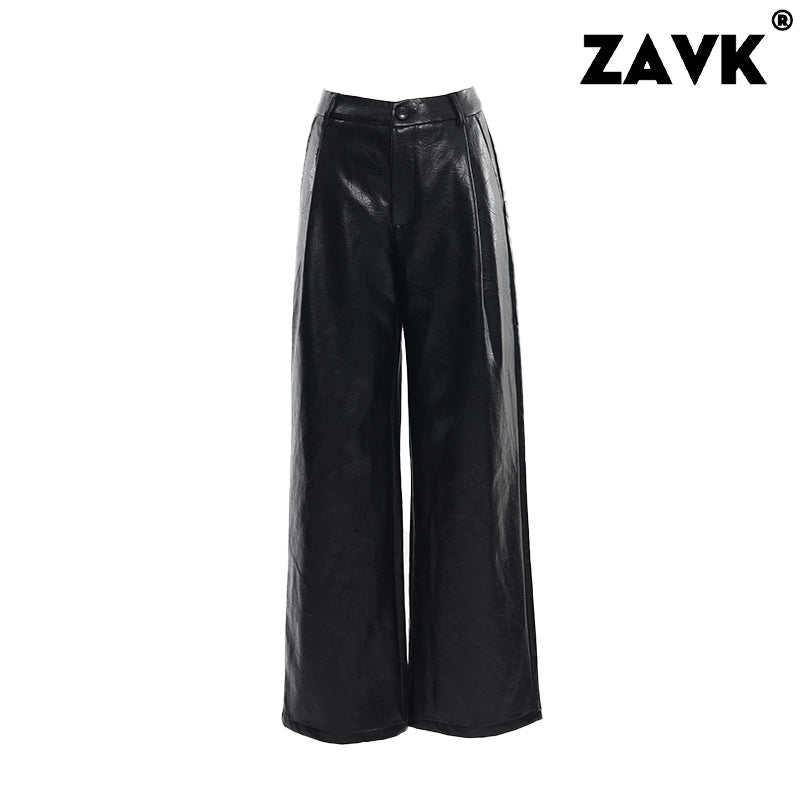 ZAVK High Waist Loose and Thin Straight Leather Pants