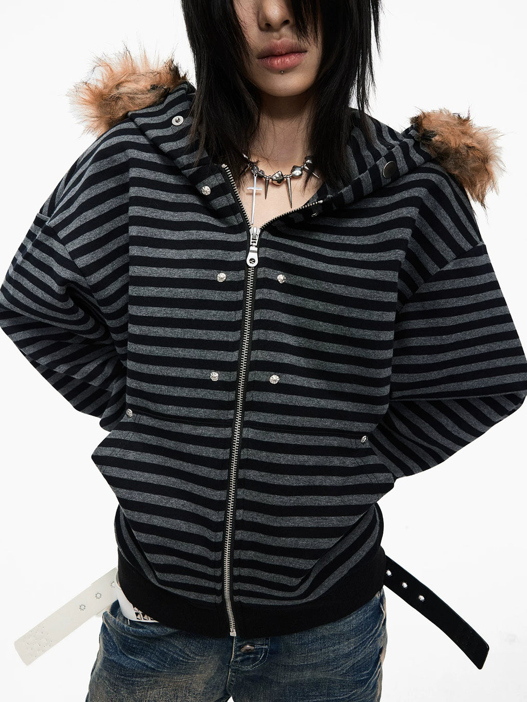 Lightinus Black and Grey Striped Fur Collar Hooded Zip Jacket