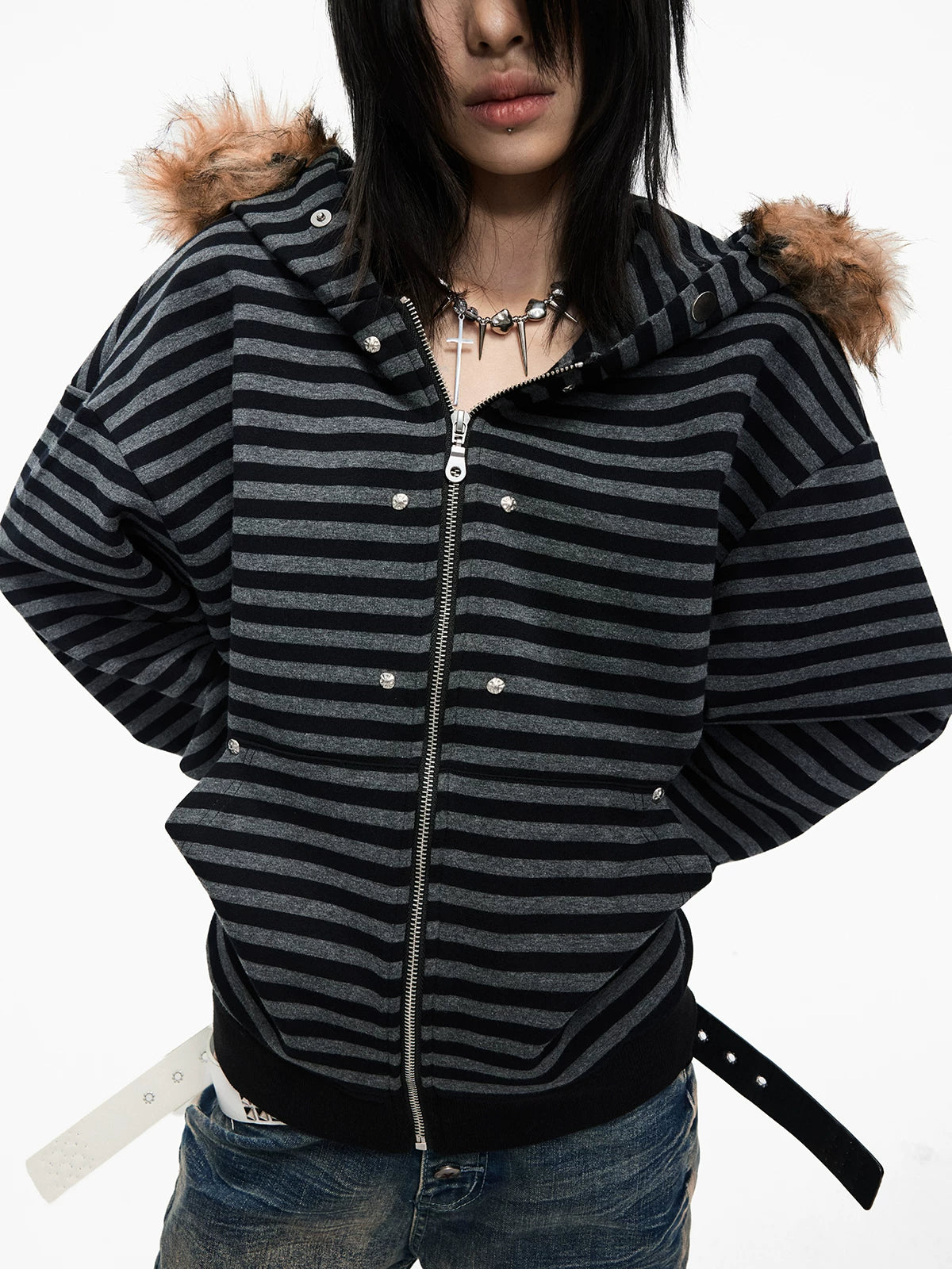 Lightinus Black and Grey Striped Fur Collar Hooded Zip Jacket
