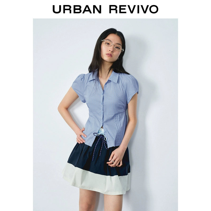 URBAN REVIVO Casual Contrast Checked Lace-Up Open Shirt
