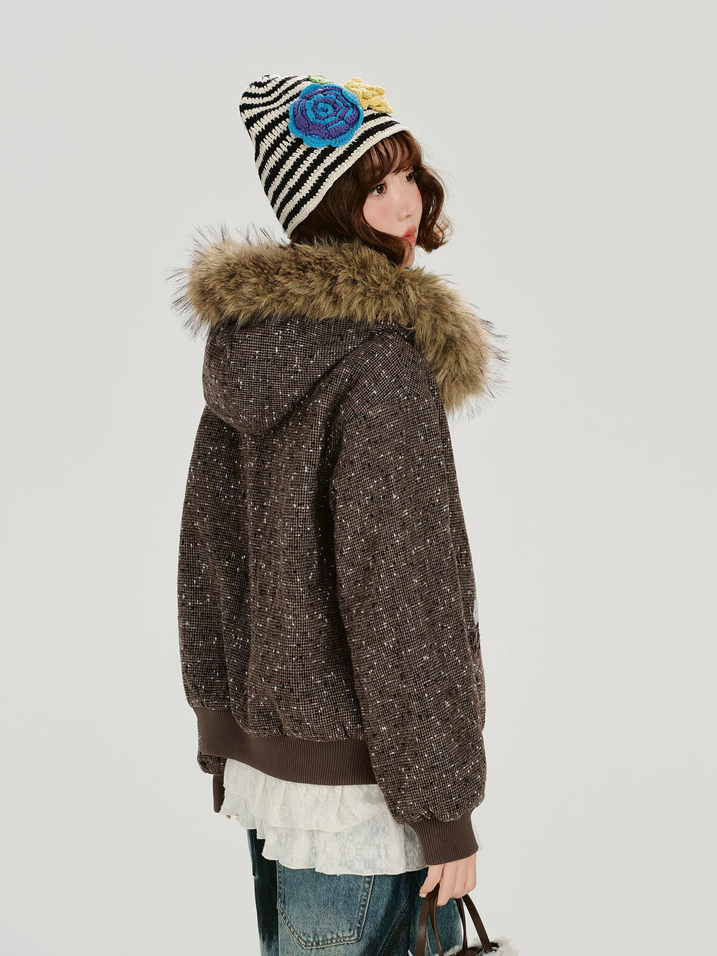 Girlyhalo Vintage Fur Collar Hooded Embroidered Jacket