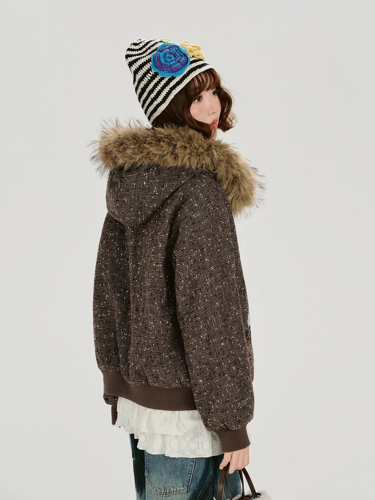 Girlyhalo Vintage Fur Collar Hooded Embroidered Jacket