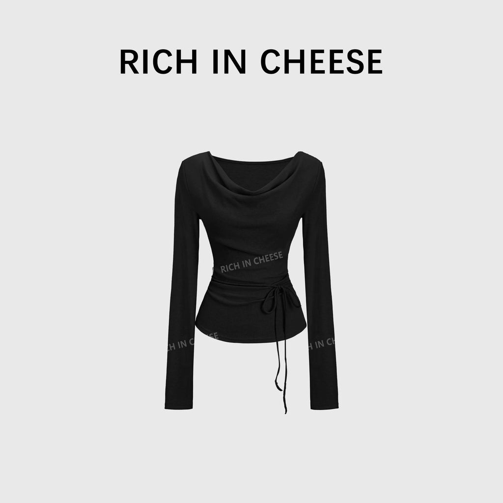 RICH IN CHEESE Waist Fold Temperament Swing Neck Long Sleeve
