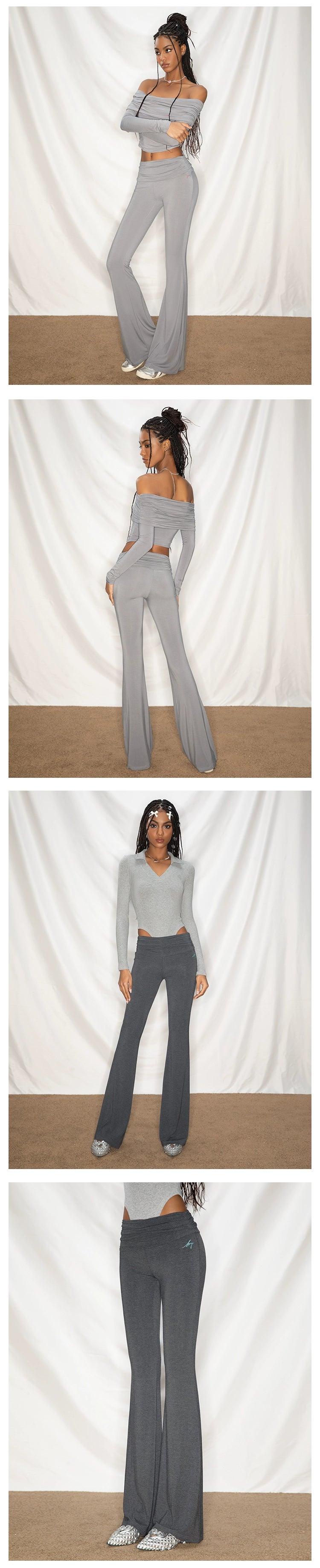 ABMY Skinny Elastic Low Waist Pleated Waist Flared Pants