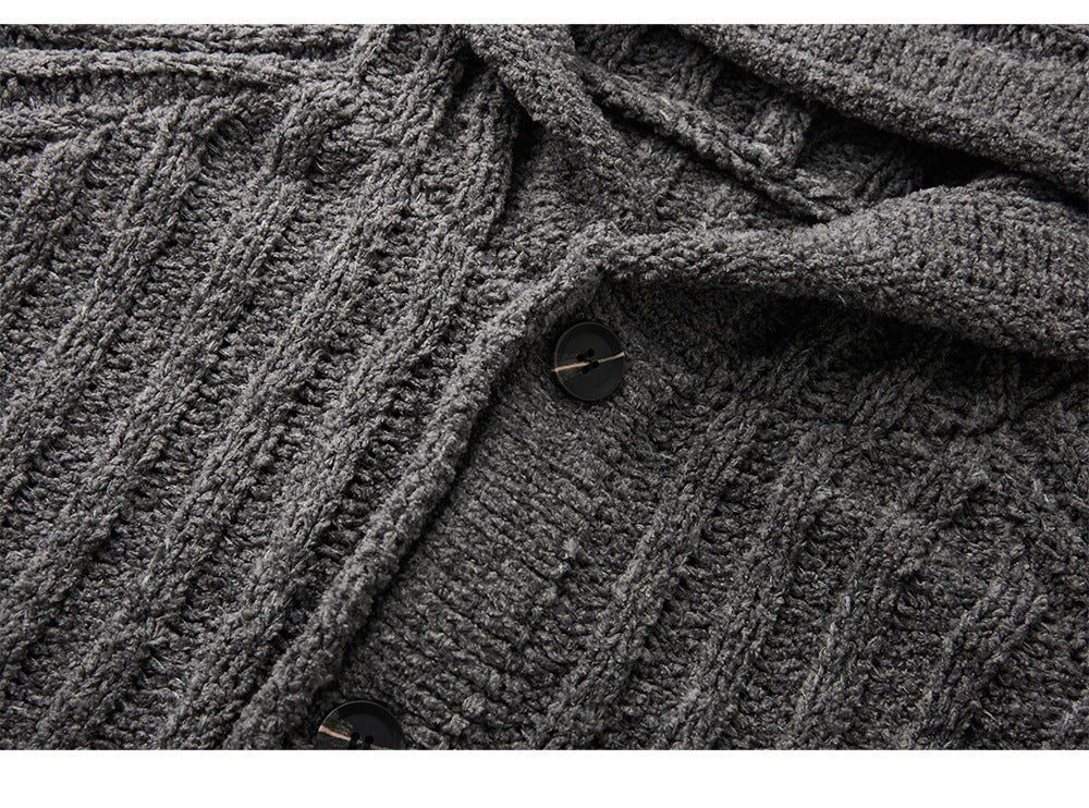 EME Thick Strip Pit Knit Ribbed Hooded Sweater Jacket