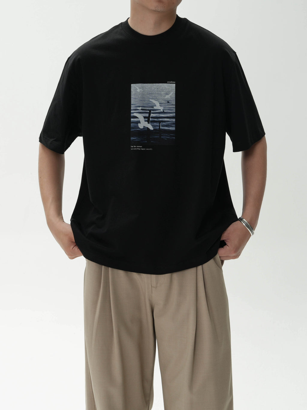 AWT Landscape Flying Bird Direct Injection Printing Loose TEE