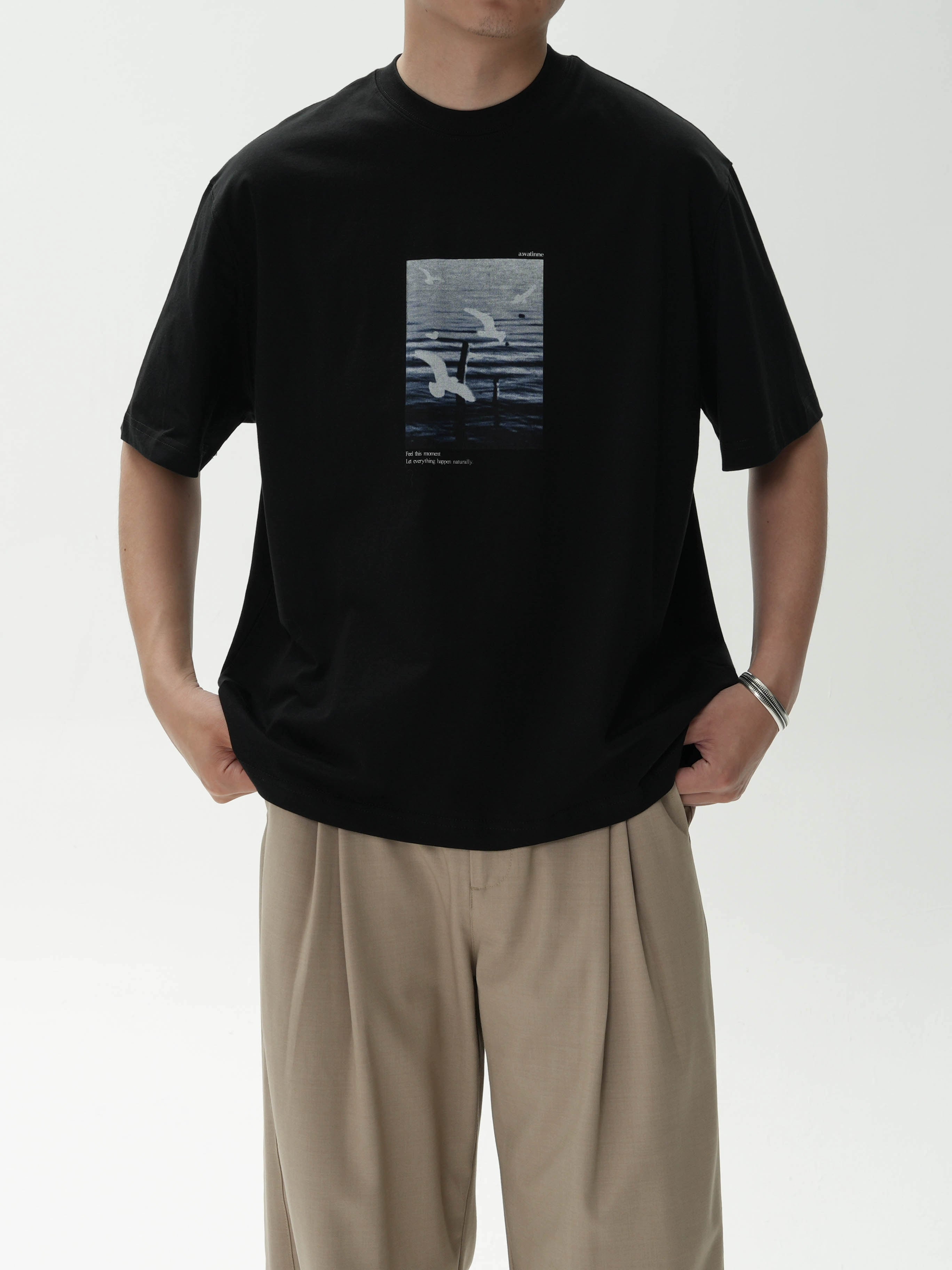 AWT Landscape Flying Bird Direct Injection Printing Loose TEE