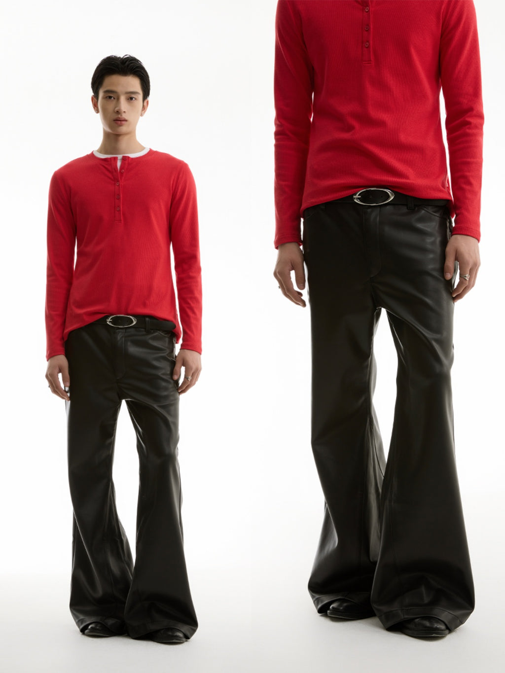 FUNKYFUN Mid-low Waist Design Micro-flared Leather Pants