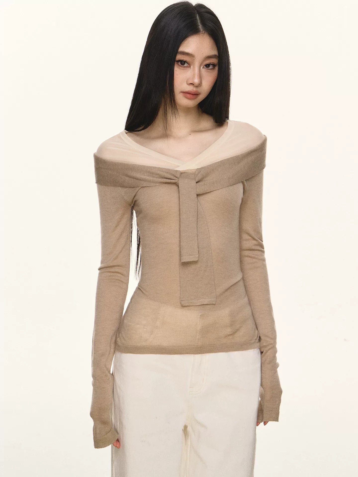 Anna Aneae Fake Two-piece Bow Strap Long Sleeve