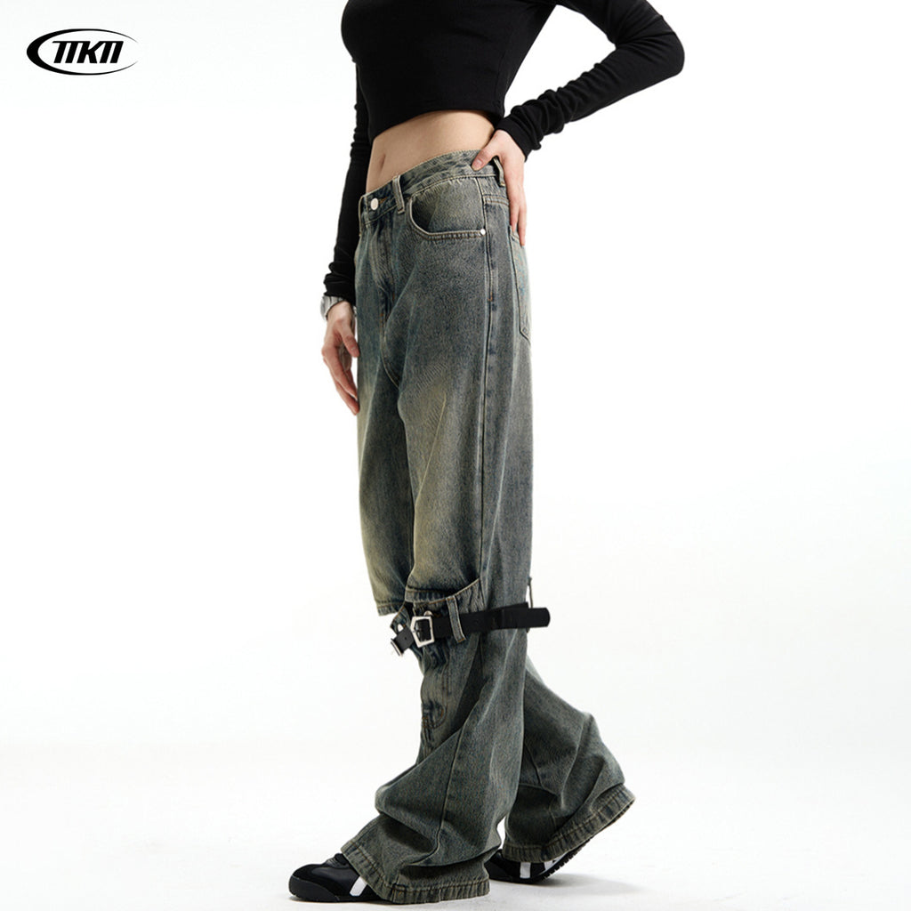 11KN Retro Jeans Stitching Flared Loose Wide-leg Jeans