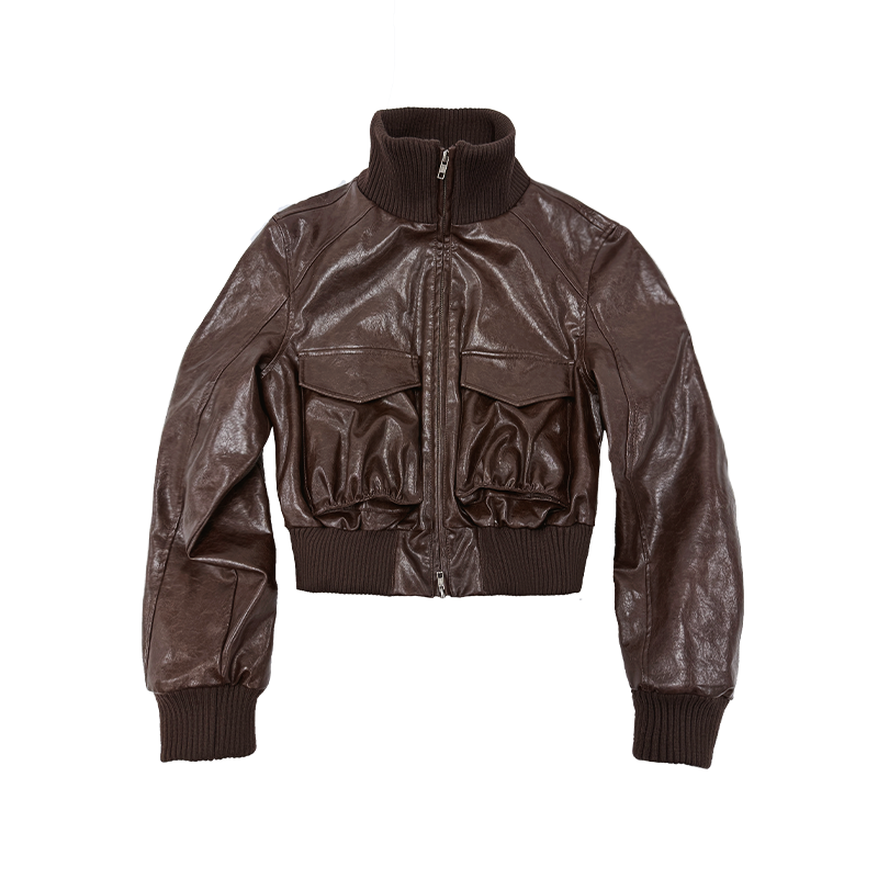 JCAESAR WOMEN Pleated Short Leather Jacket