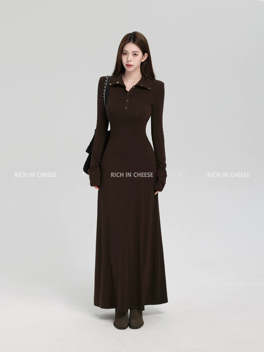 RICH IN CHEESE Turndown Collar Waist Slim Knitted Dress