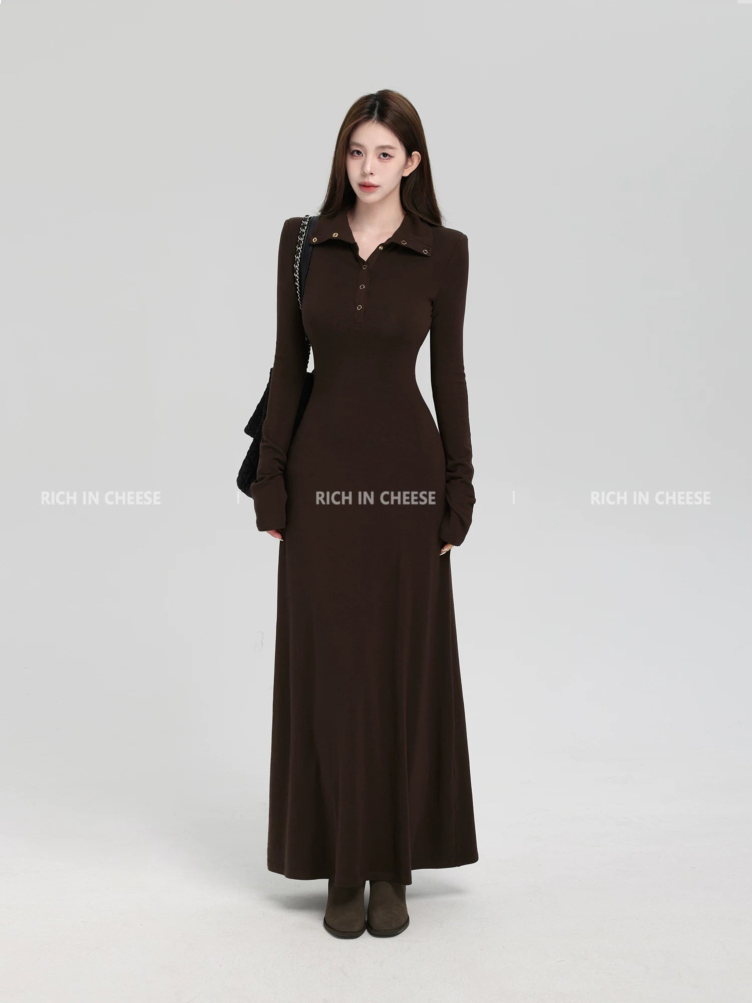 RICH IN CHEESE Turndown Collar Waist Slim Knitted Dress