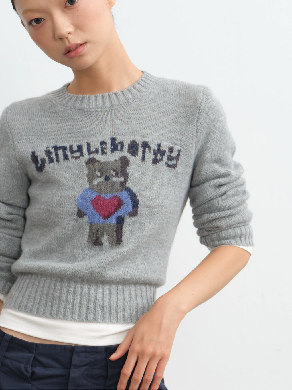 LINY LIBERTY Vintage Cartoon Bear Jacquard Knitted Long-sleeved Sweater