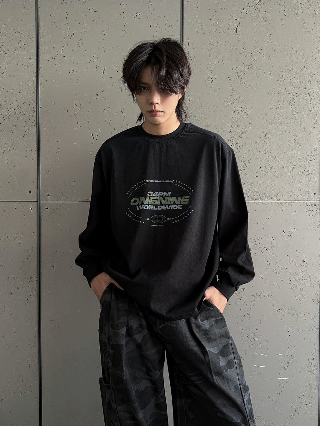 ONENINE34PM Earth Printing Spray Color Wash Broken Long Sleeve