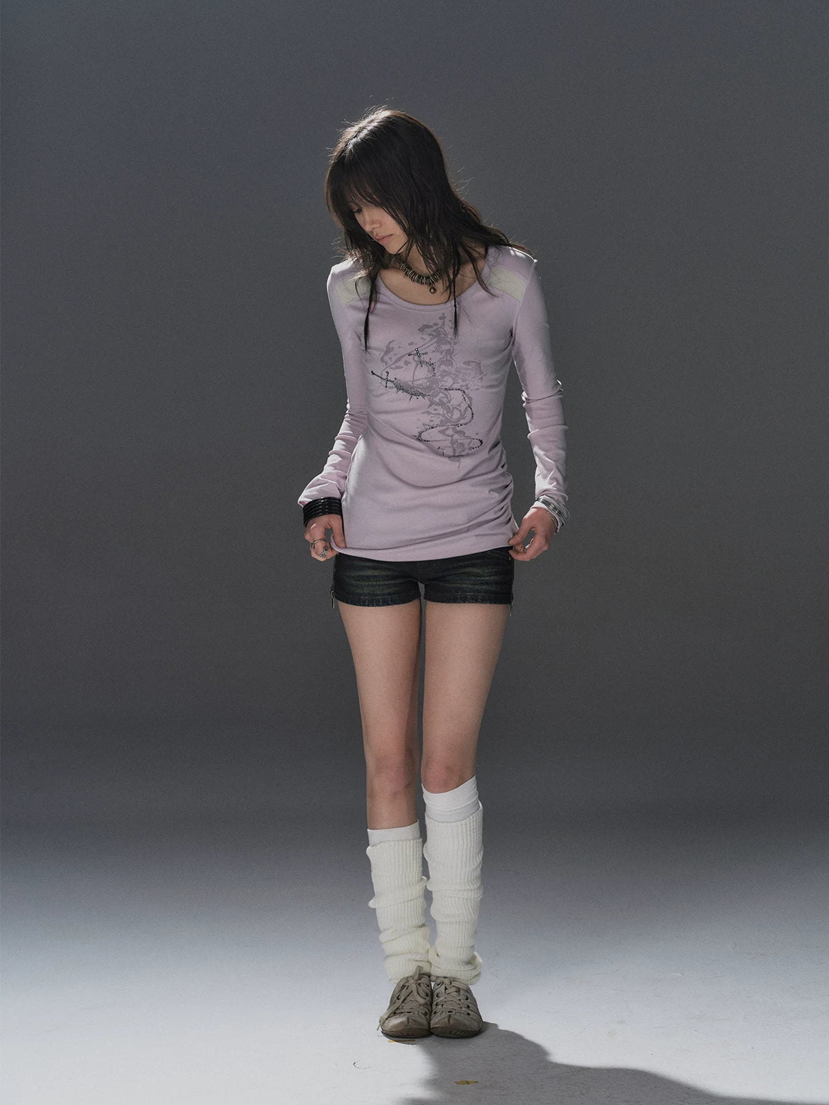 WearAndtear Mesh Stitching Round Neck Flash Diamond Slim Long Sleeve