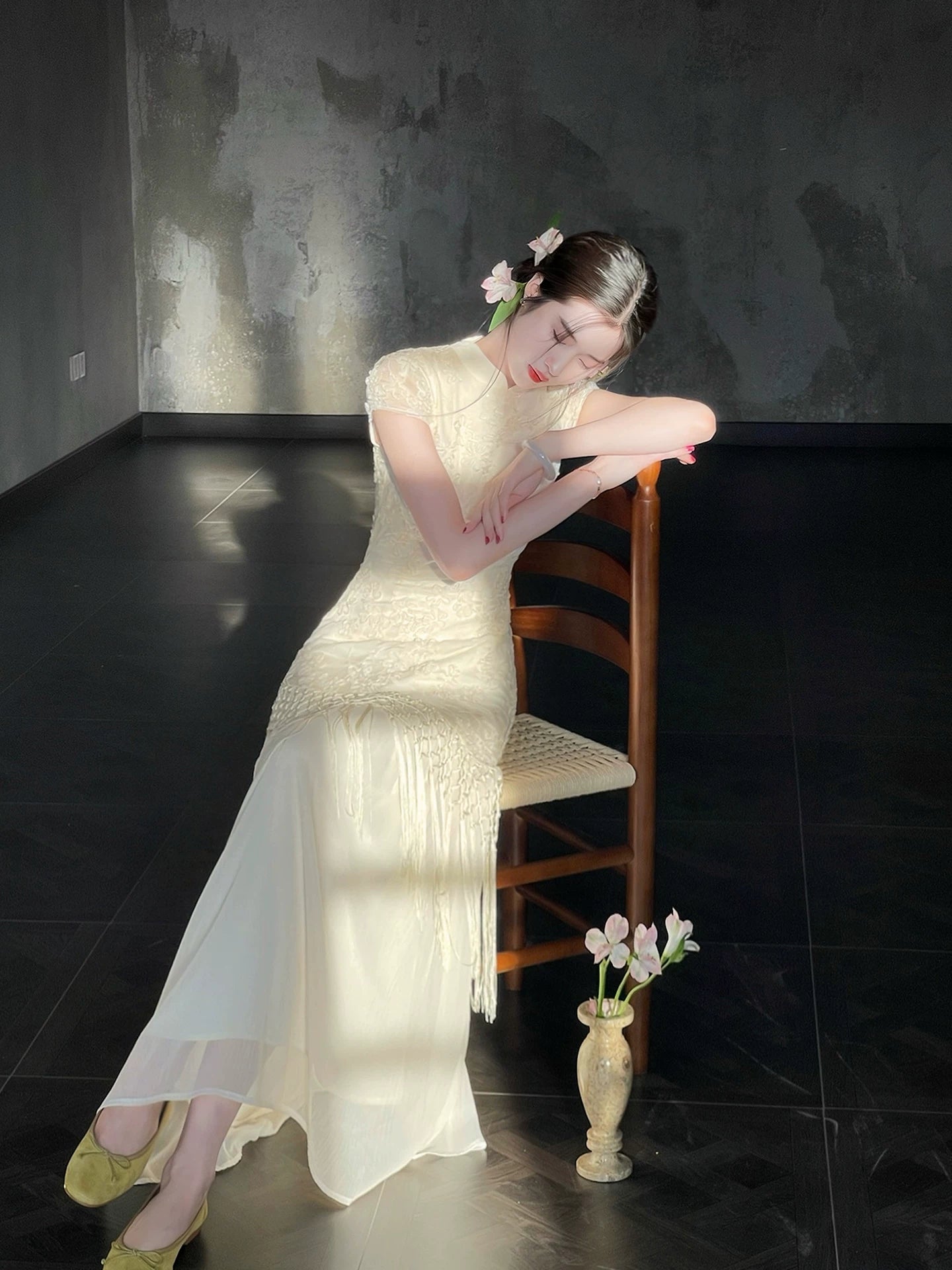 ZIHE Pinched Waist Fringed Splicing Dress