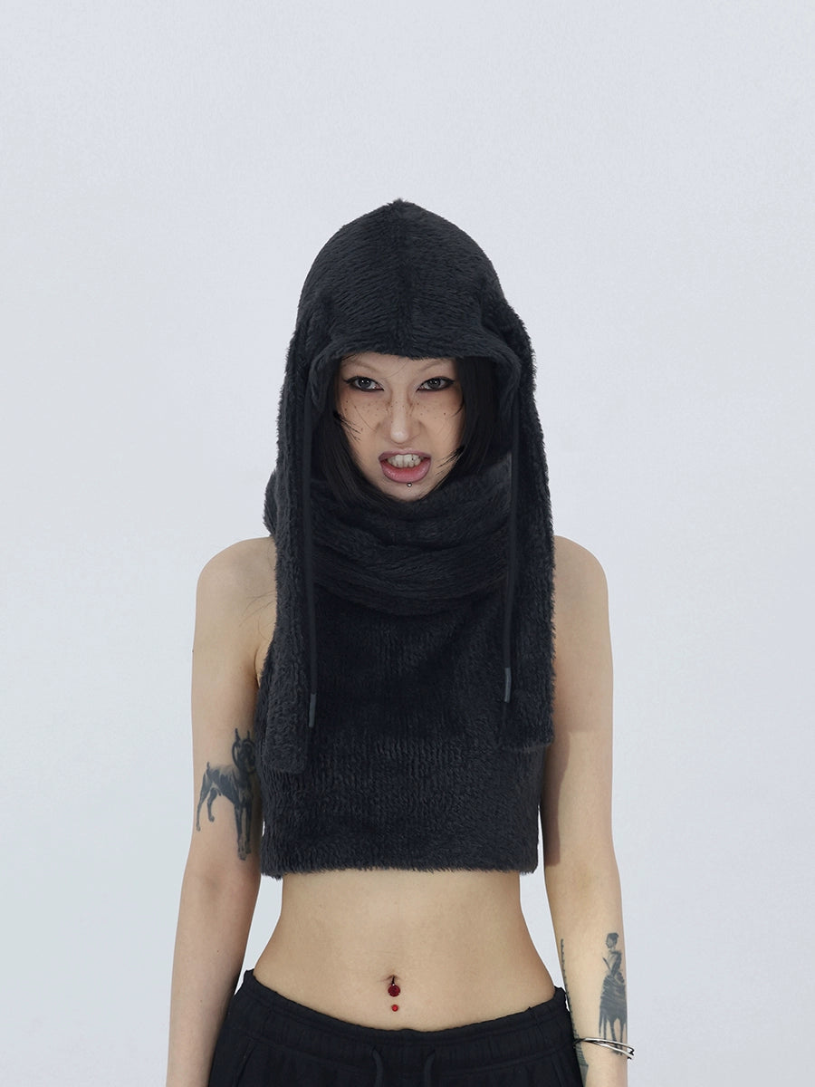 FUZZYKON Ear Plush Knitted Scarf Hooded Vest