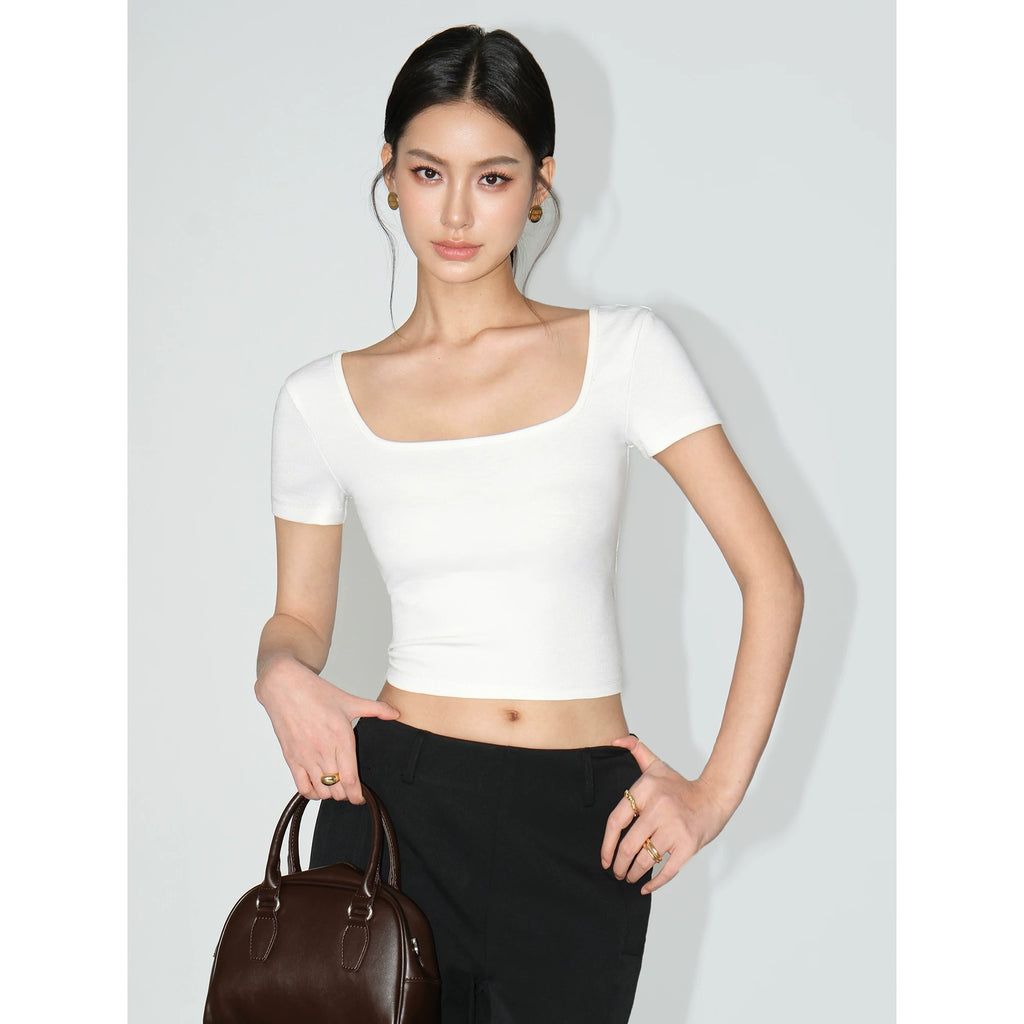 NEVA HU Square Collar Slim-fitting Versatile Short Button Tee