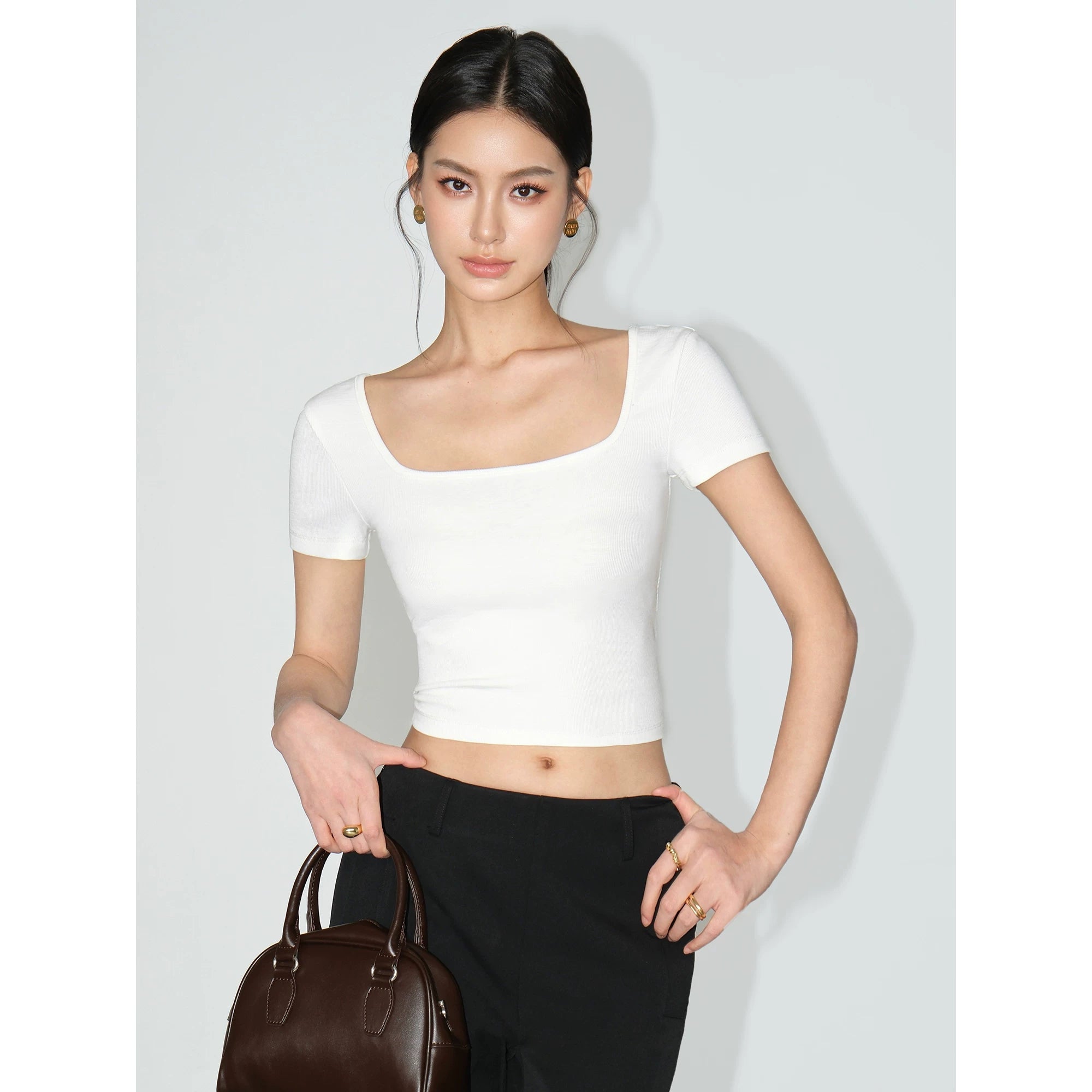 NEVA HU Square Collar Slim-fitting Versatile Short Button Tee