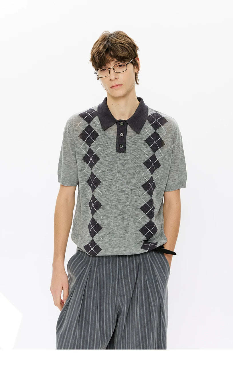 KREATE Rhombus Vertical Contrasting Casual Knitted Tee