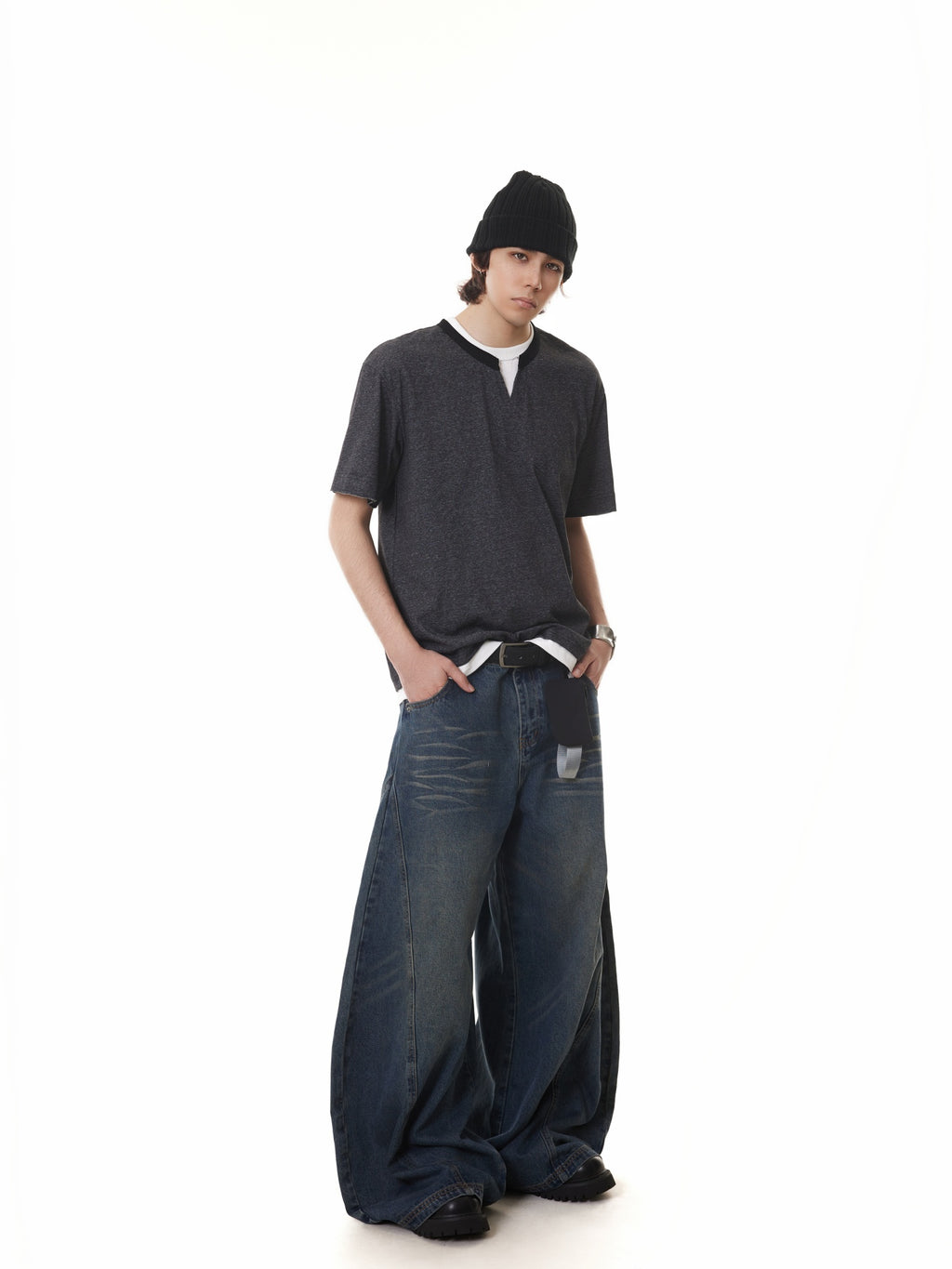 BTSG fake two-piece stacked Henry collar Tee