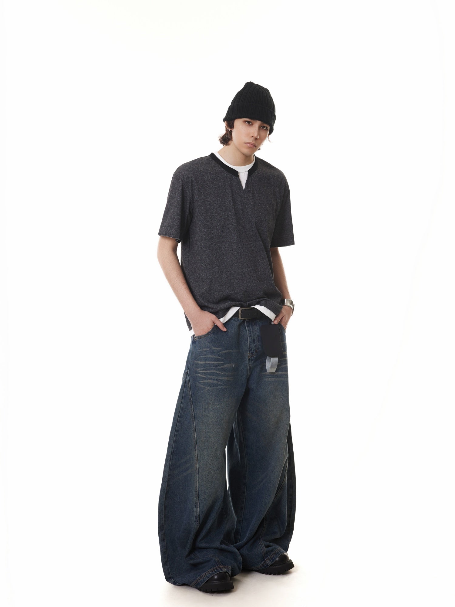 BTSG fake two-piece stacked Henry collar Tee