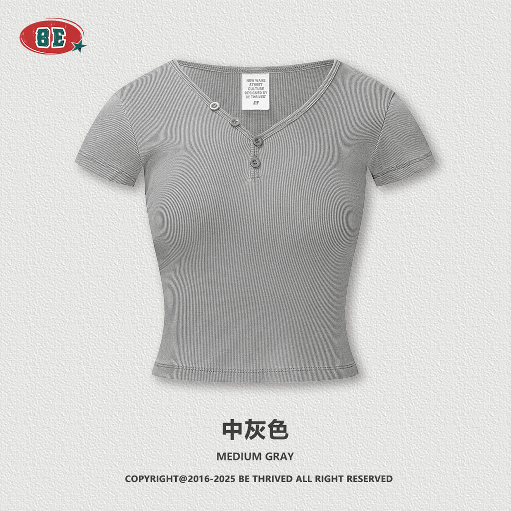 BE Women's slim fit top button v-neck tee