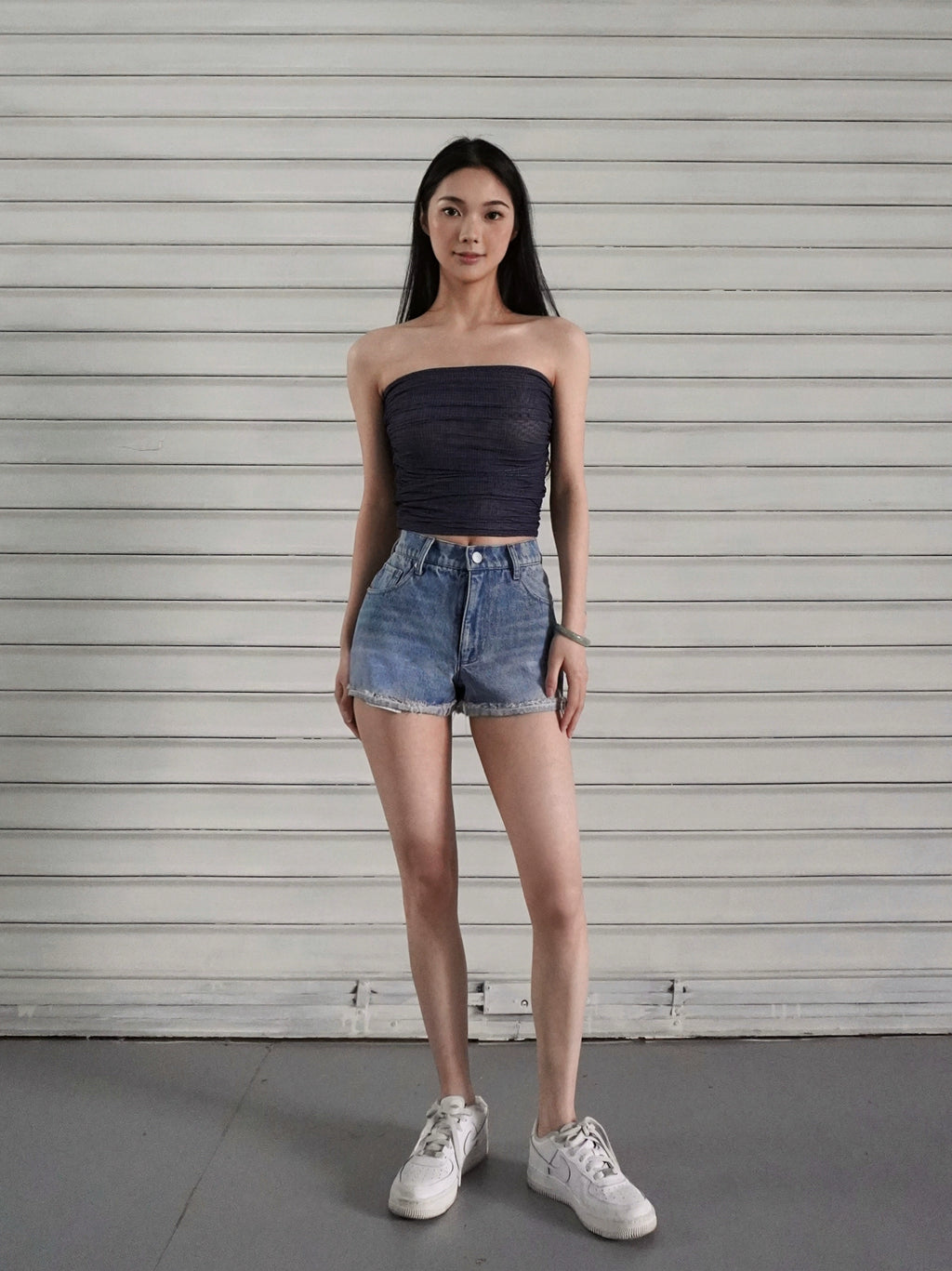 Jim Kennet Plaid Mesh Creased Short Tube Top
