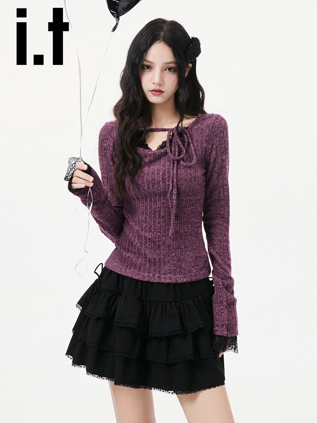 IT: CHOCOOLATE Lace Stitched Horn-sleeved Wool Knitted Sweater