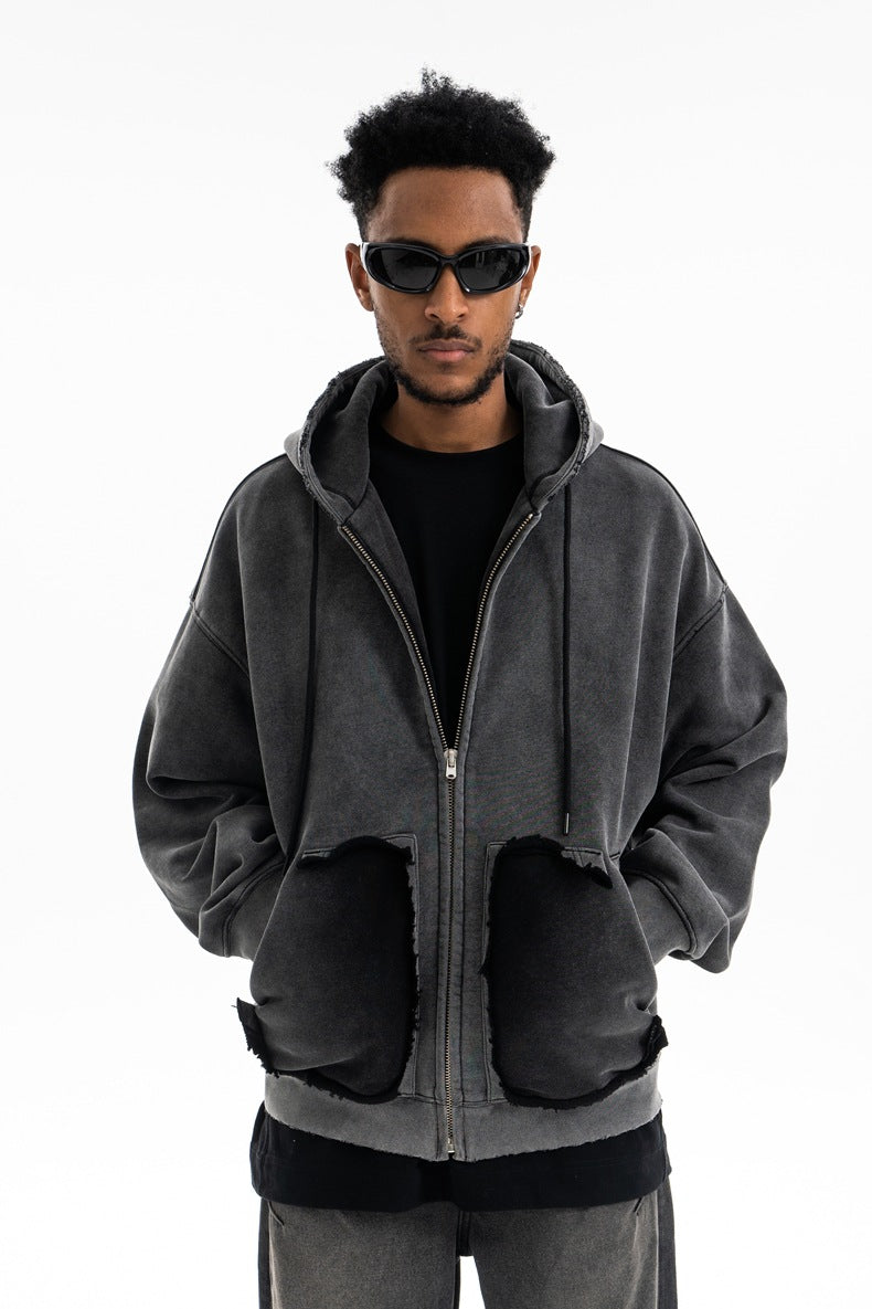 SUPER WAY Vintage Old Cardigan Fleece Hooded Sweater