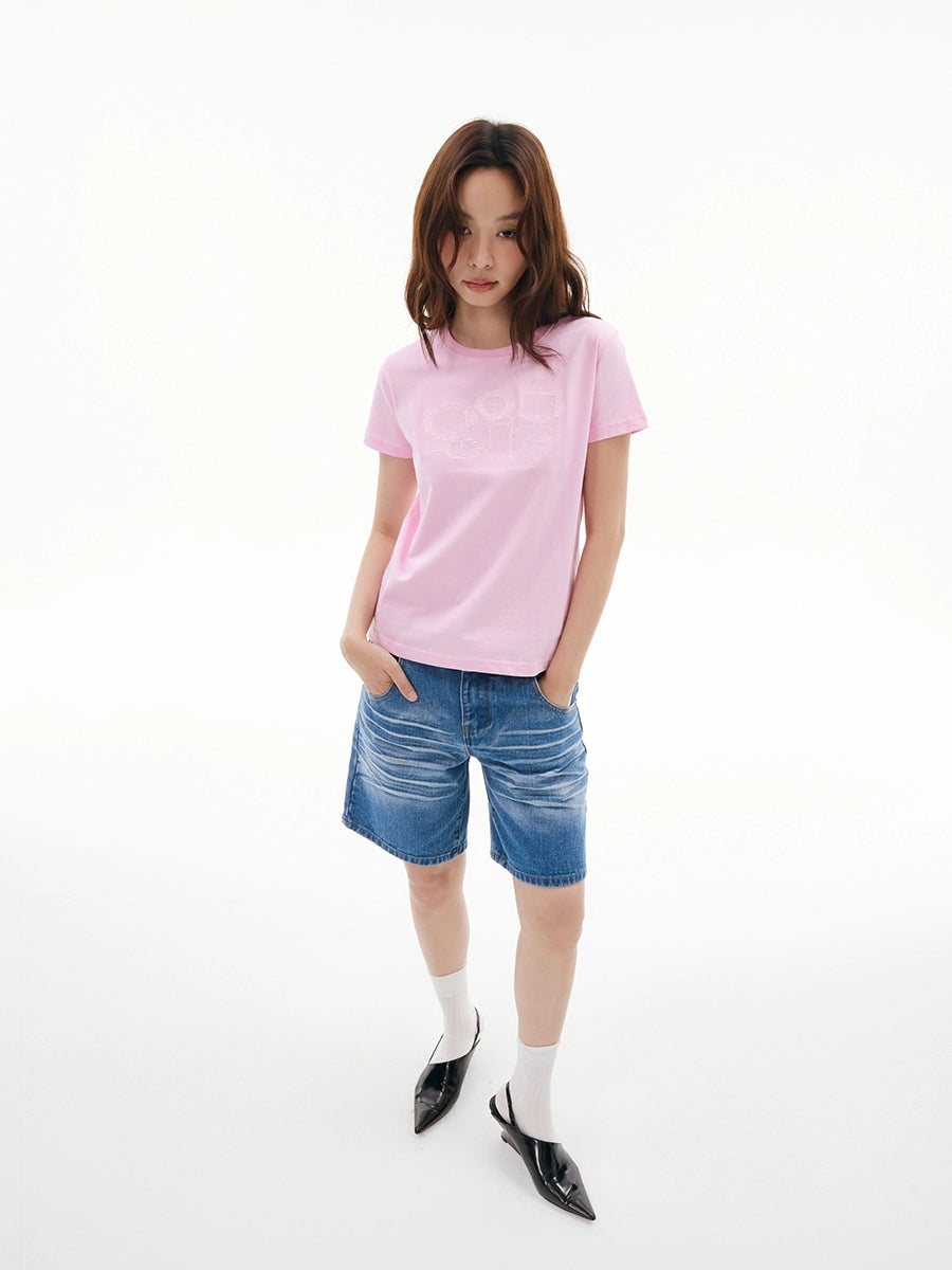 FUNKYFUN Picture Frame Same Color Three-dimensional Embroidery Loose Front Shoulder Tee