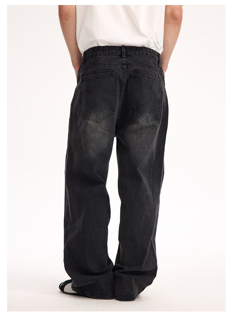 (Clearance) UNF 13.5oz Blockbuster Washed Old Cat Whiskers Baggy Bull Wide Leg Black Jeans