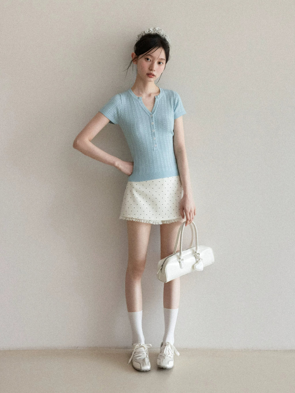 Cantonstory V-neck Slim-fit Knit Tee High-waisted Polka Dot Lace Midi Skirt Set