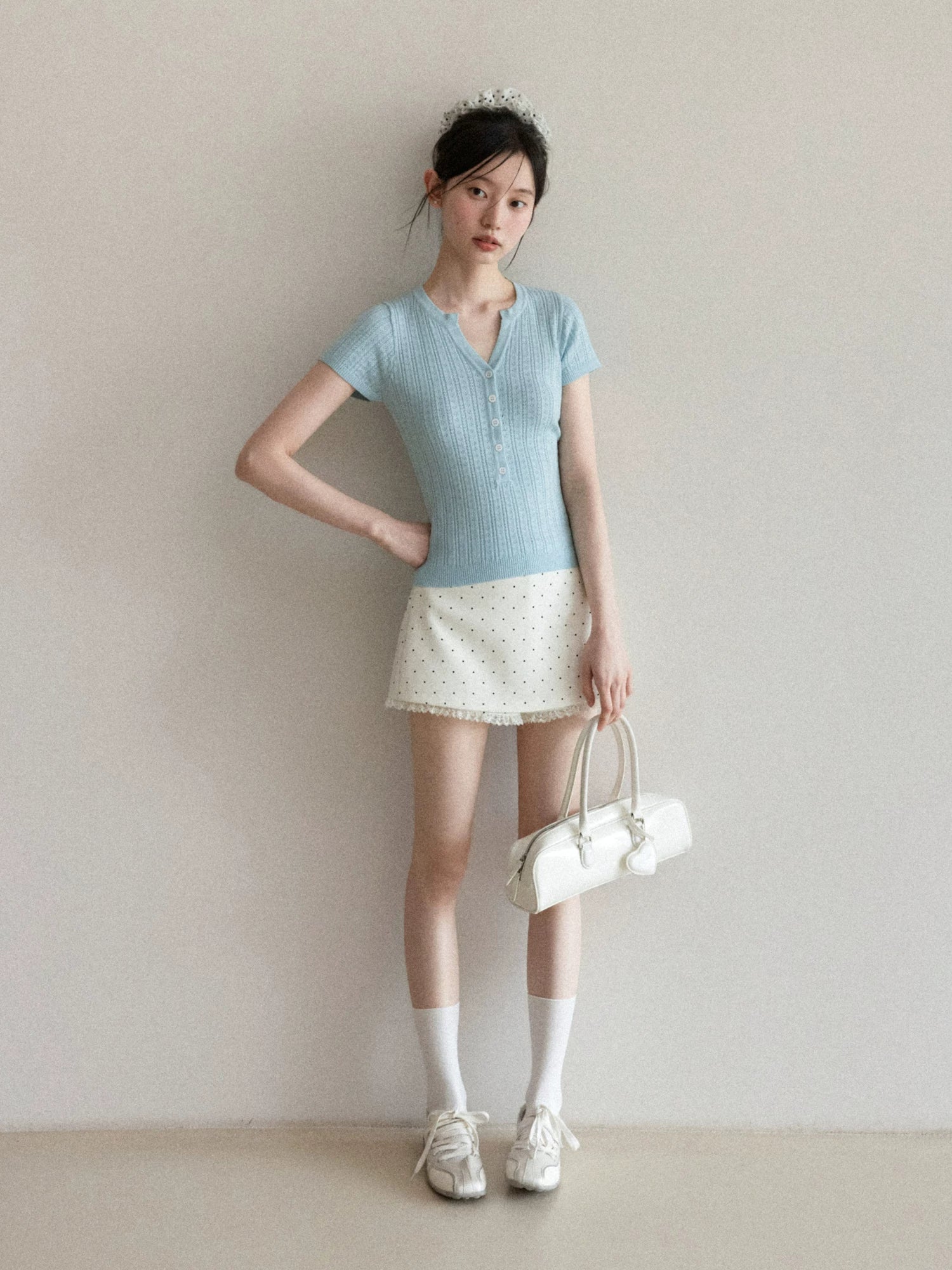 Cantonstory V-neck Slim-fit Knit Tee High-waisted Polka Dot Lace Midi Skirt Set