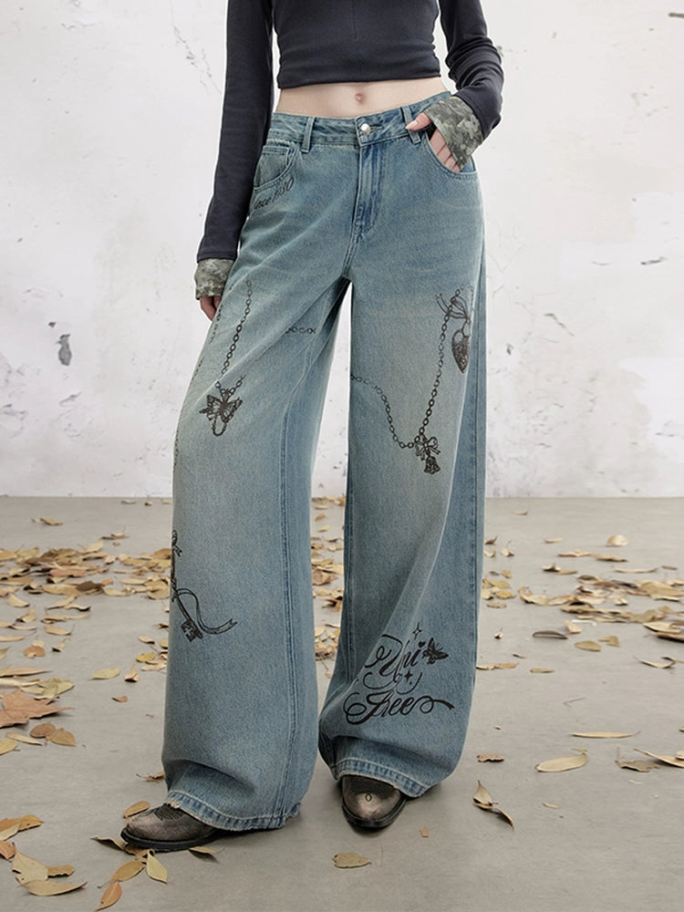 UNIFREE Long Sleeve Slash Shoulder Printed Chain Wide Leg Straight Floor Mopping Jeans