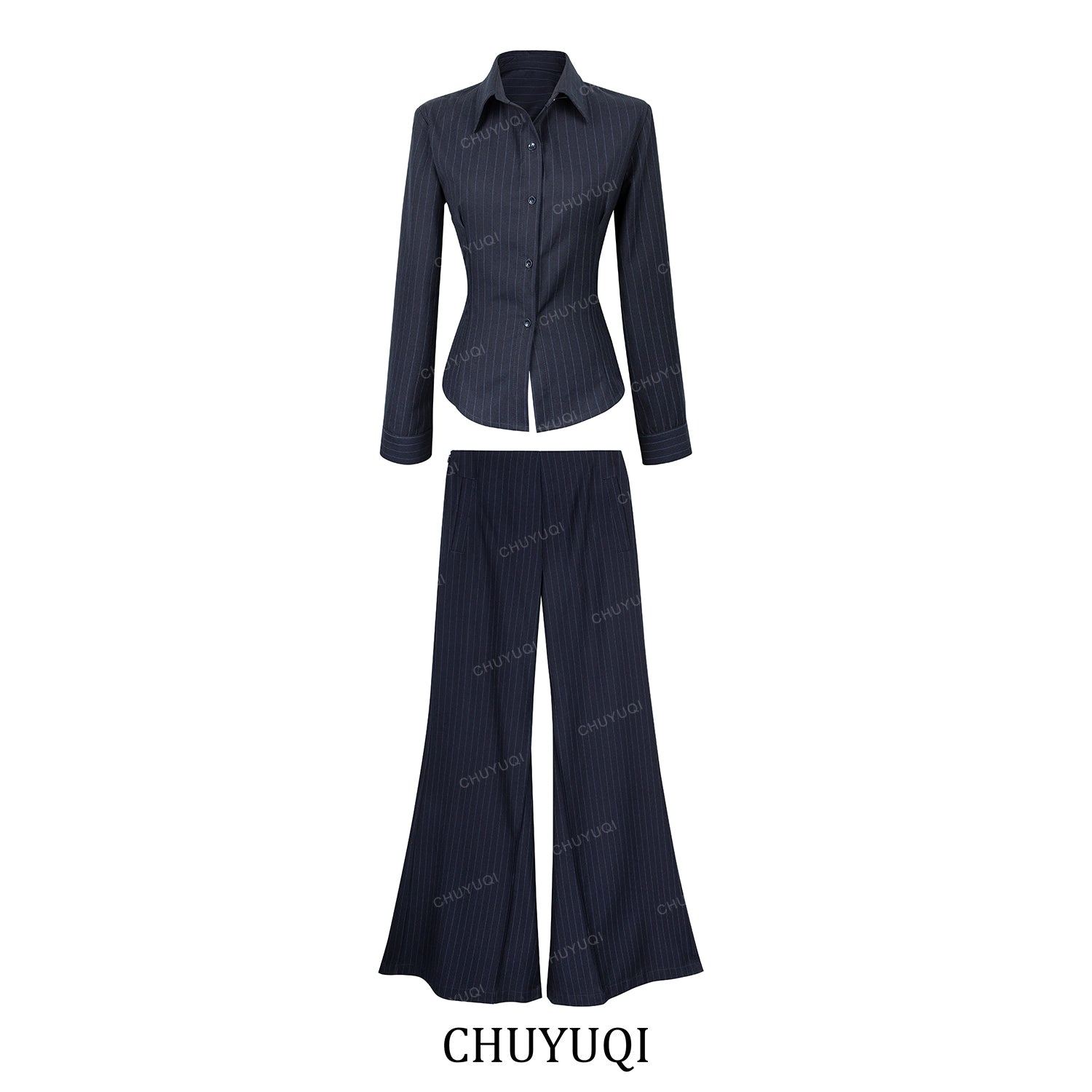 CHUYUQI Waist Striped Royal Sister High-end Shirt Flared Pants Set