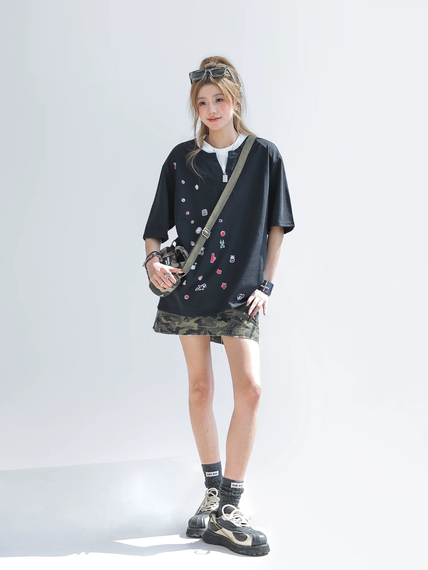 CHANT2nd Contrasting Color Splicing Fake Two-piece Loose Tee