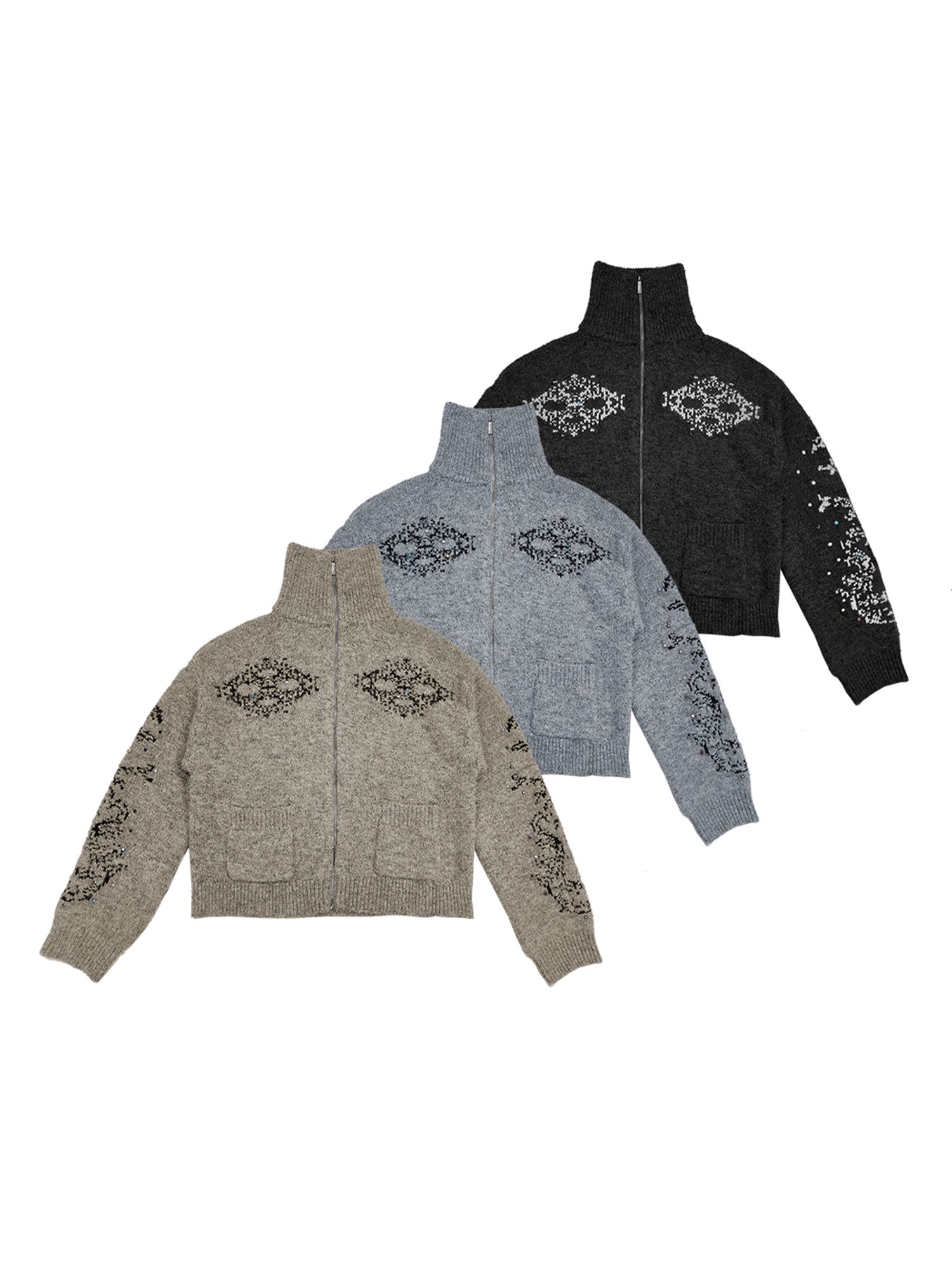 WANNA LAB Jacquard Upturned Neck Knitted Cardigan Sweater