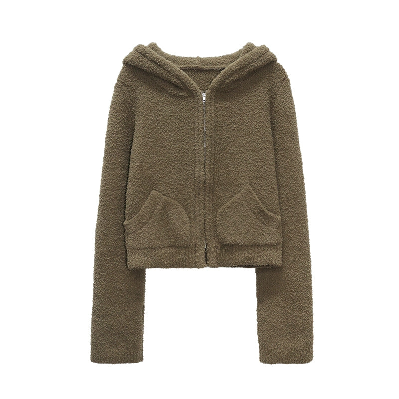 Audwyn Soft Waxy Vintage Hooded Double Zip Knitted Cardigan Jacket