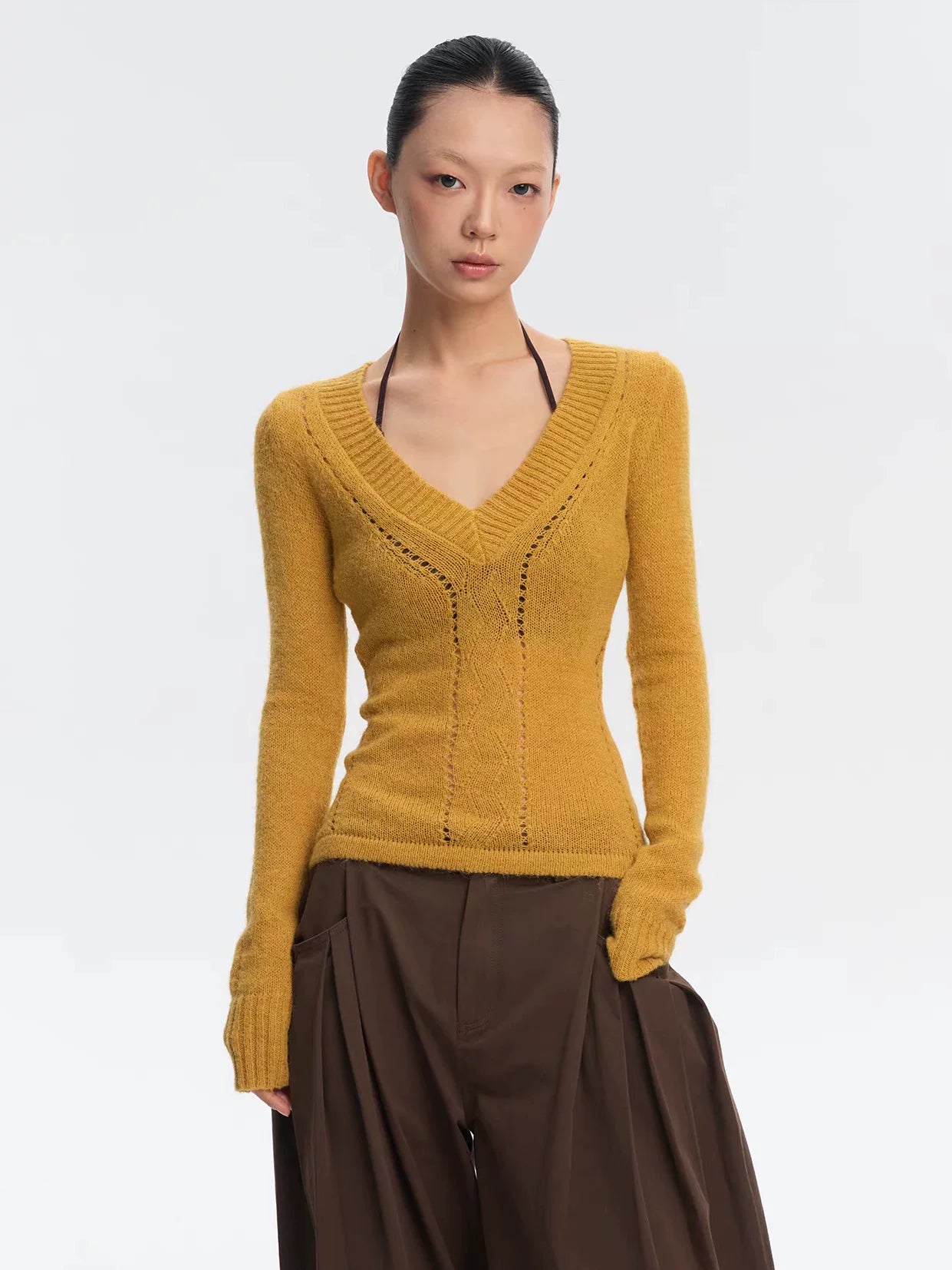 LINY LIBERTY Slim Fit V-neck Hollow Long Sleeve