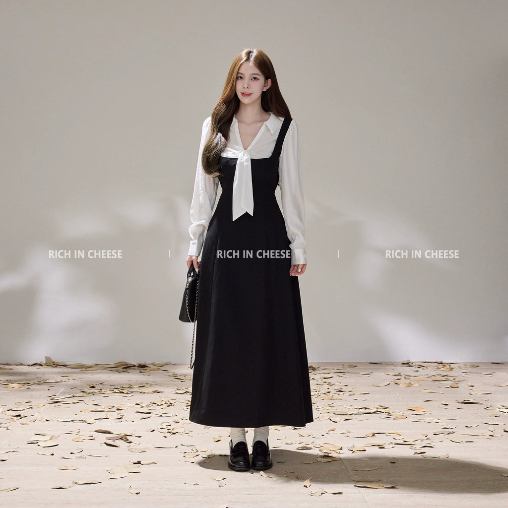 RICH IN CHEESE ACADEMY COLOR CONTRACT Splicing Bow Waist Dress