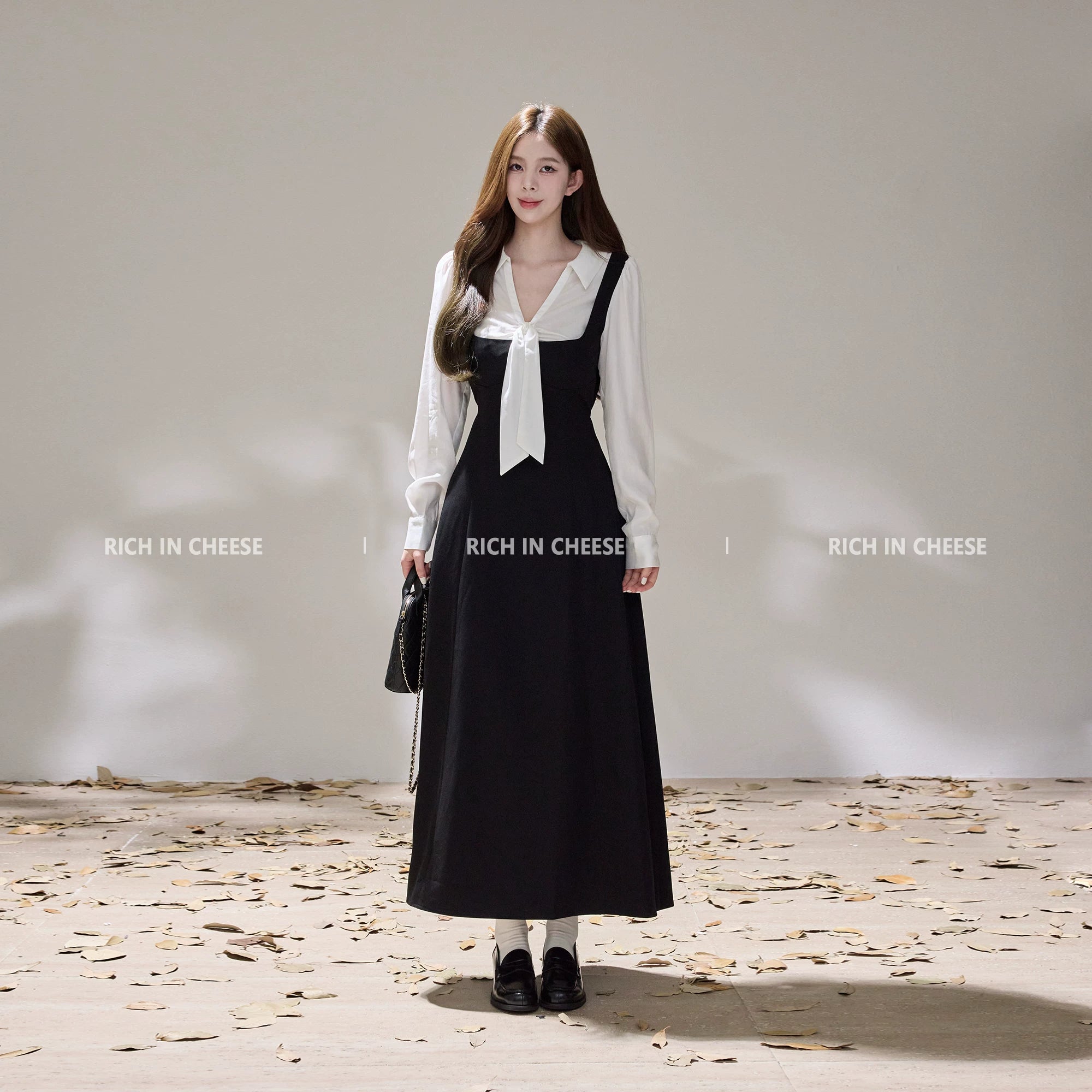 RICH IN CHEESE ACADEMY COLOR CONTRACT Splicing Bow Waist Dress