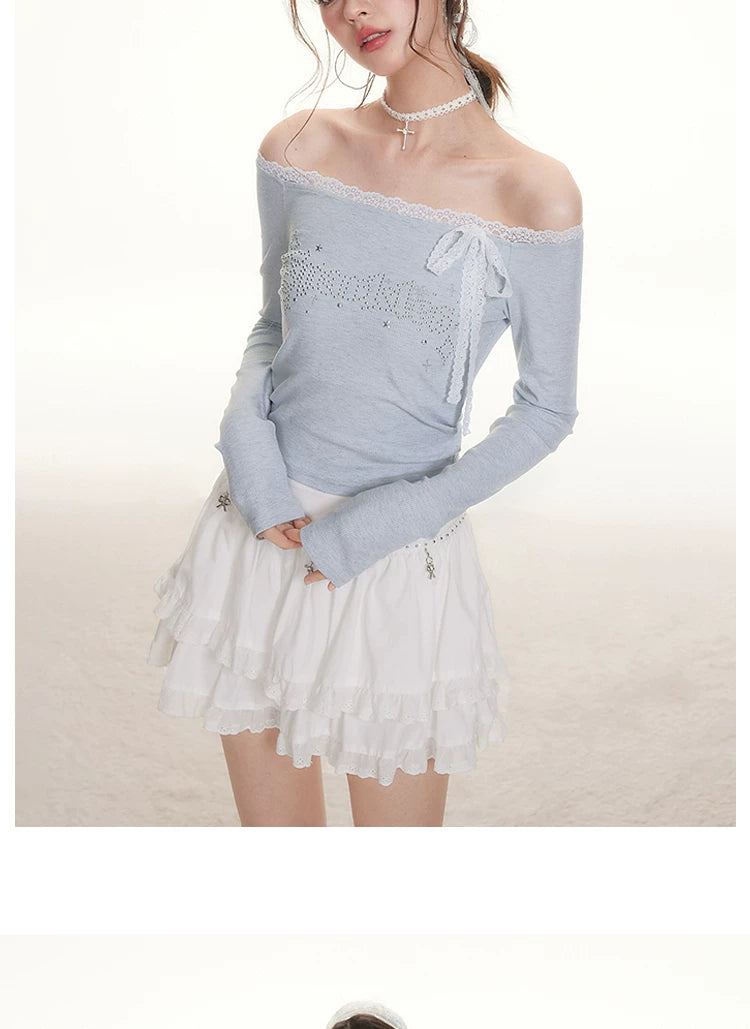 Imone Letter Iron Nail Lace Splicing Short Tee