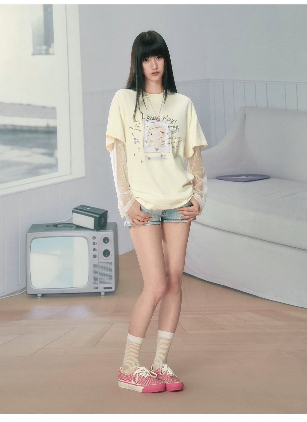 Ablueberry Cool Fake Two Piece Mesh Splicing Tee