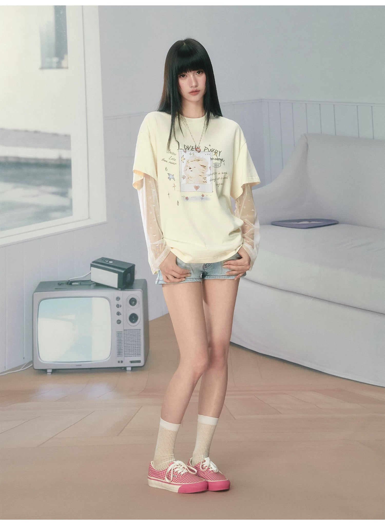 Ablueberry Cool Fake Two Piece Mesh Splicing Tee