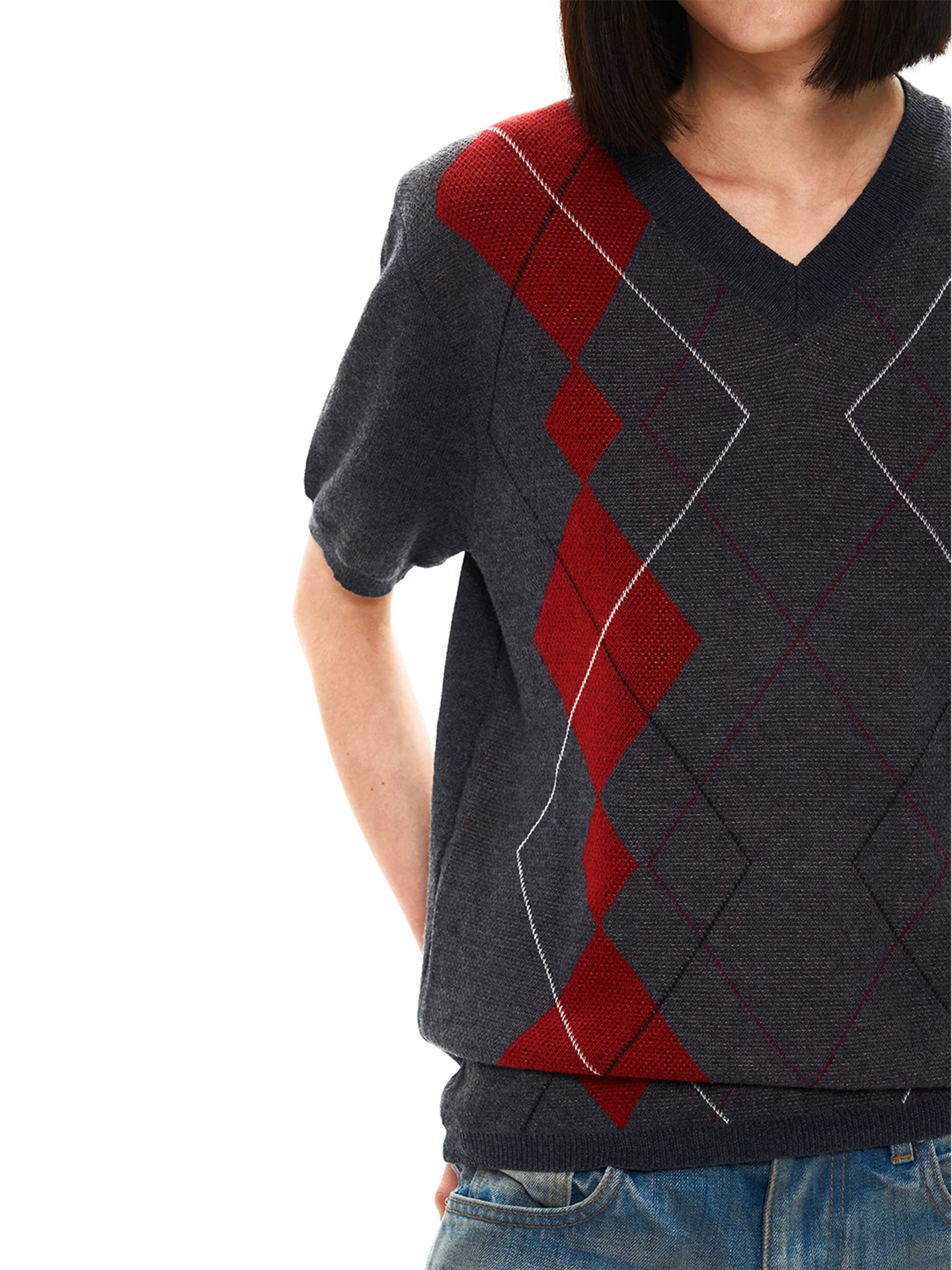 Slight Vogue Contrast Rhombus Splicing V-Neck Wool Tee