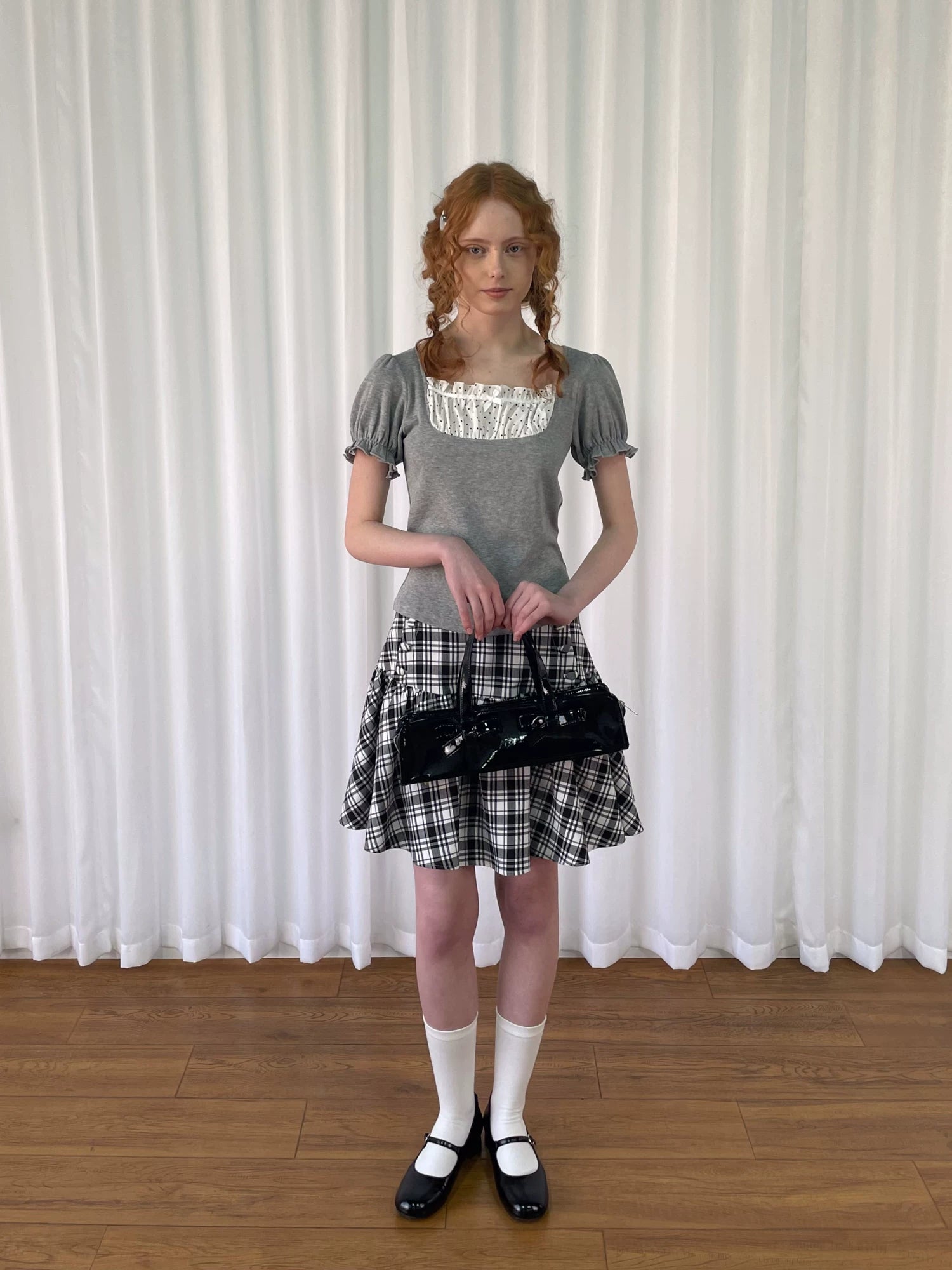 Loosesmell Splicing Polka Dot Small Bow Casual Tee