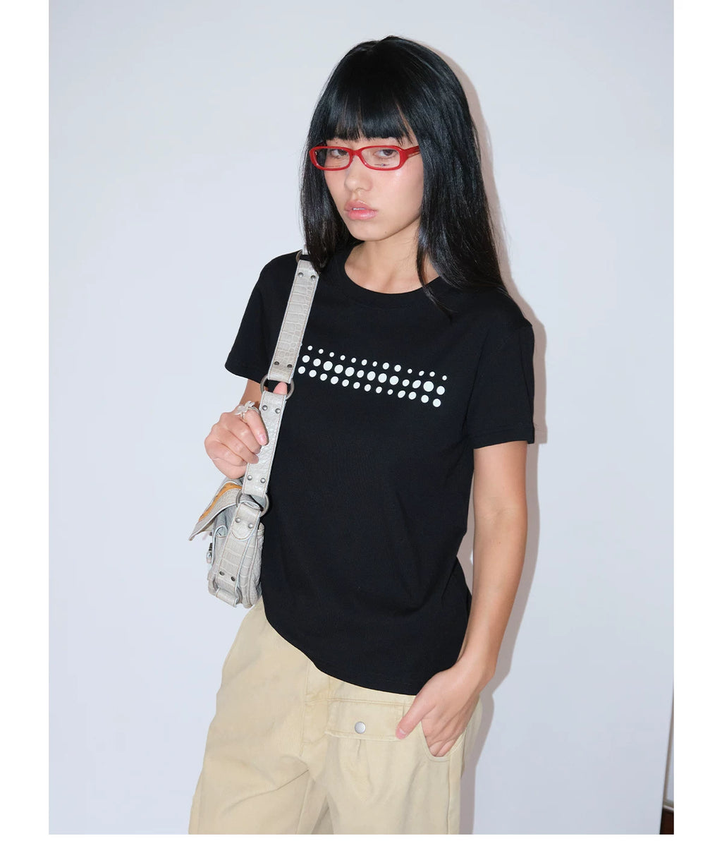 FUNKYFUN Irregular Polka Dot Print Front Shoulder Tee