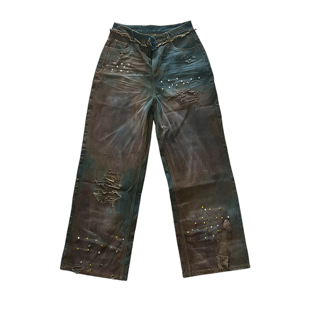 PAIKI Ripped Burr Straight Loose Jeans